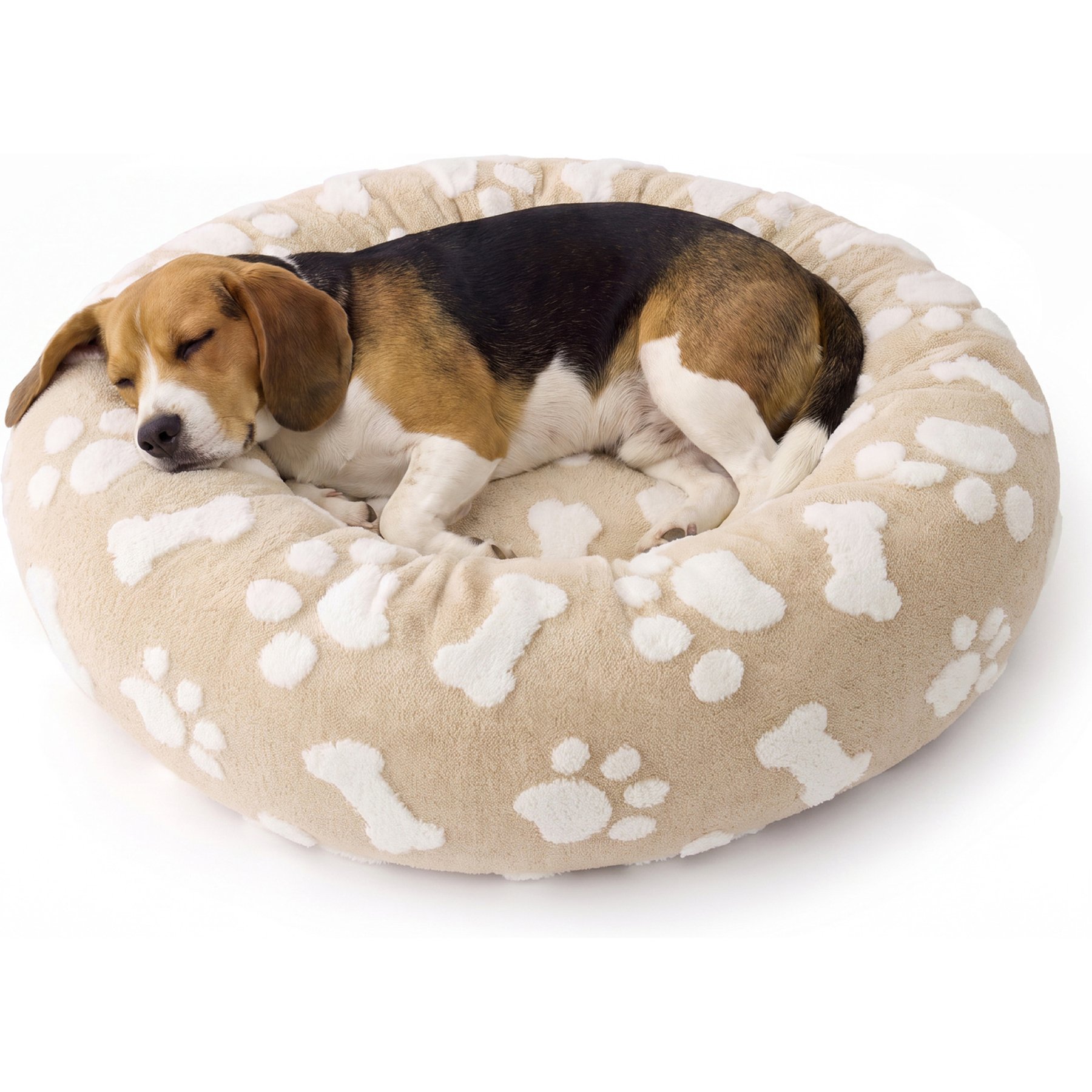 Lesure Calming Cute Modern Plush Jacquard Shaggy Orthopedic Anti-Slip Donut Dog & Cat Bed with Removable Cover, Camel Paws, Large