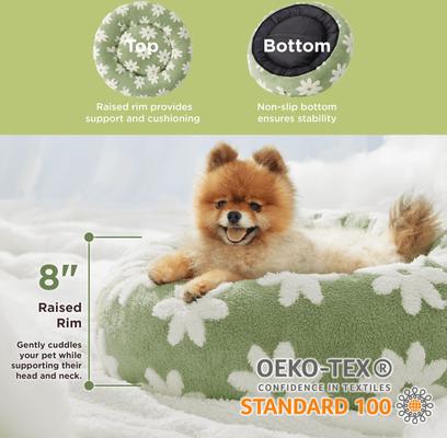 Show full view: Lesure Calming Cute Modern Plush Jacquard Shaggy Orthopedic Anti-Slip Donut Dog & Cat Bed with Removable Cover, Green, Small slide 3 of 10