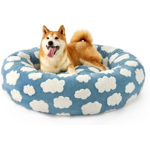 Lesure Calming Cute Modern Plush Jacquard Shaggy Orthopedic Anti-Slip Donut Dog & Cat Bed with Removable Cover, Large, Blue