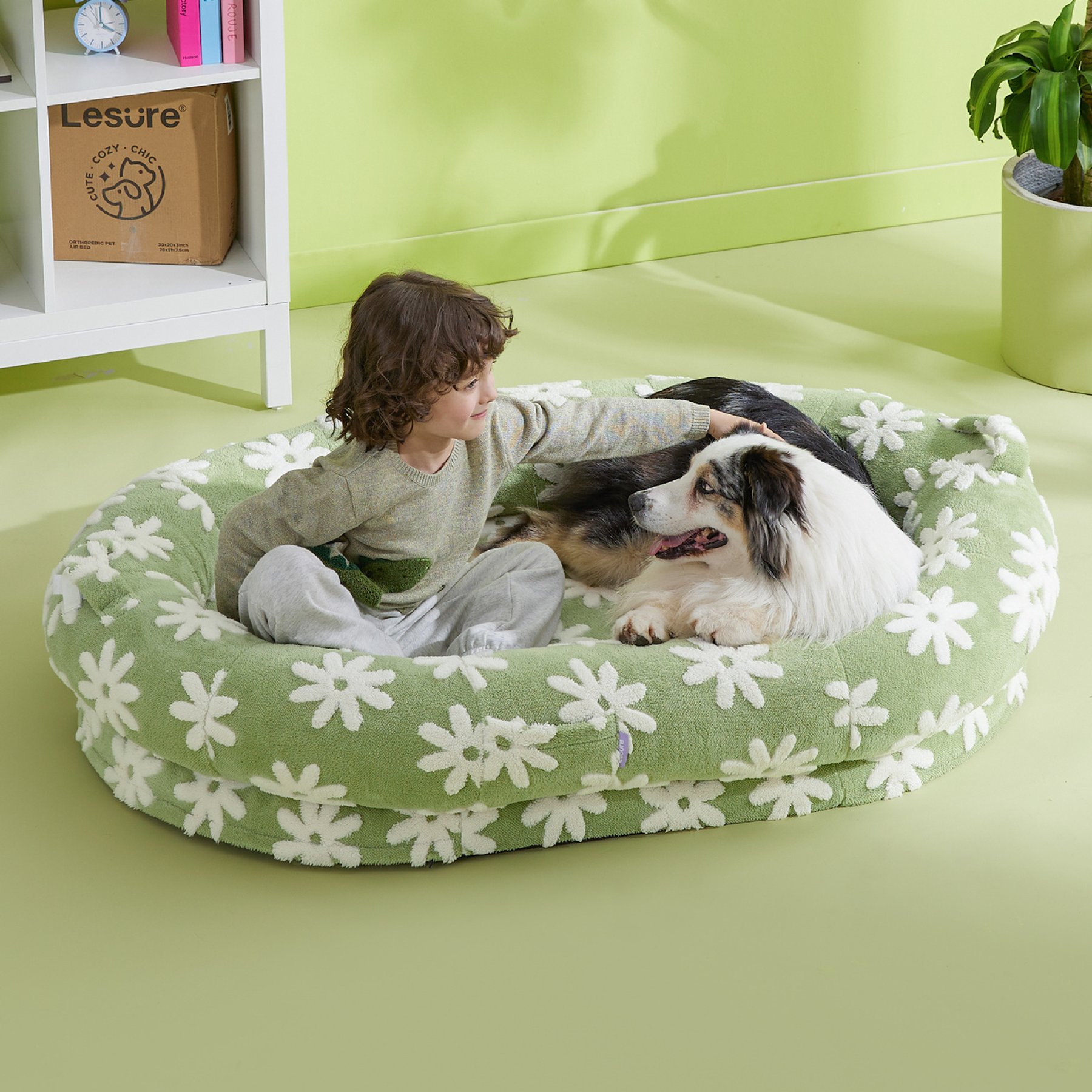 Lesure Calming Cute Modern Plush Jacquard Shaggy Orthopedic Anti-Slip Donut Dog & Cat Bed with Removable Cover, XX-Large, Green
