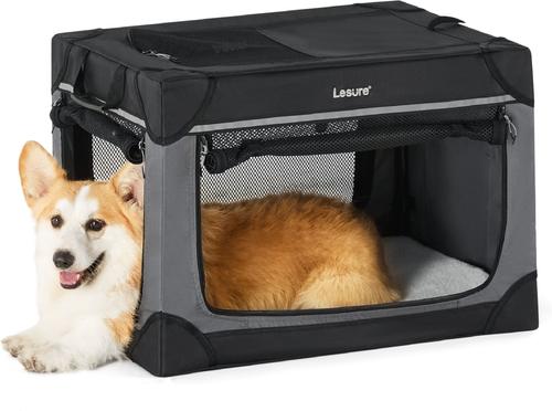 Show full view: Lesure Indoor & Outdoor Soft-Sided Collapsible 4-Door Dog & Cat Travel Crate Kennel with Durable Mesh Windows, Black, Small: 26 inch slide 1 of 10