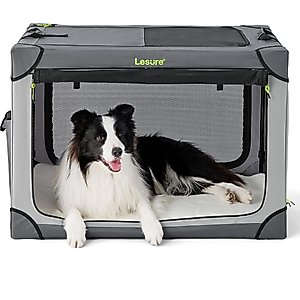 Lesure Indoor & Outdoor Soft-Sided Collapsible 4-Door Dog & Cat Travel Crate Kennel with Durable Mesh Windows, Grey, Large: 36 inch
