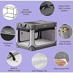 Lesure Indoor & Outdoor Soft-Sided Collapsible 4-Door Dog & Cat Travel Crate Kennel with Durable Mesh Windows, Grey, Large: 36 inch