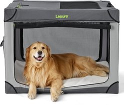 Lesure Indoor & Outdoor Soft-Sided Collapsible 4-Door Dog & Cat Travel Crate Kennel with Durable Mesh Windows, Grey, X-Large: 42 inch
