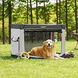 Lesure Indoor & Outdoor Soft-Sided Collapsible 4-Door Dog & Cat Travel Crate Kennel with Durable Mesh Windows, Grey, X-Large: 42 inch
