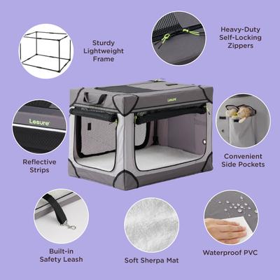 Show full view: Lesure Indoor & Outdoor Soft-Sided Collapsible 4-Door Dog & Cat Travel Crate Kennel with Durable Mesh Windows, Grey, X-Large: 42 inch slide 3 of 9