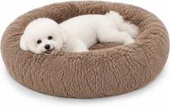 LFC PETS Calming Waterproof Donut Memory Foam Cuddler Bolster Dog & Cat Bed with Removable Washable Cover, Camel, Medium