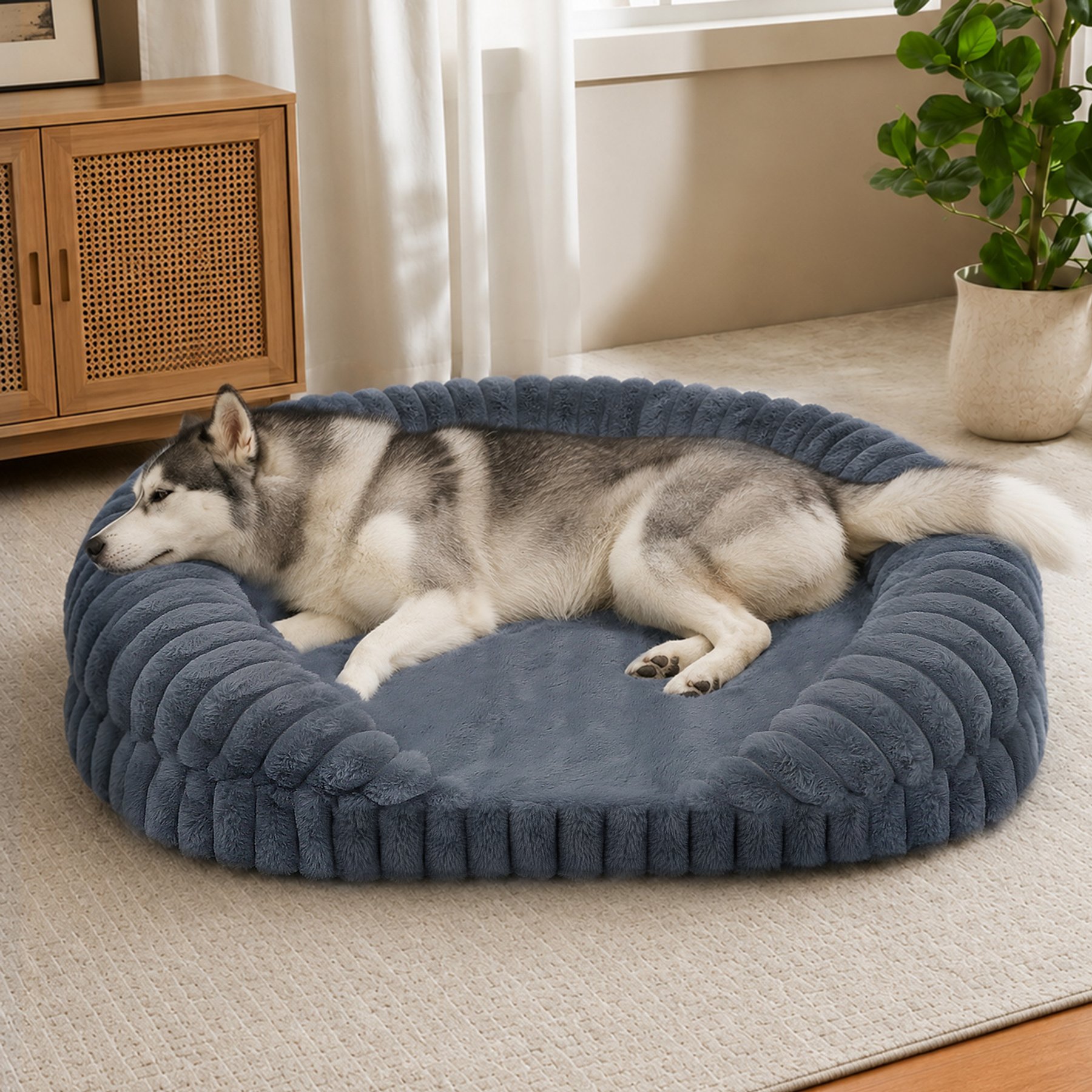 LFC PETS Croissant-Shaped Calming Bolster Dog & Cat Bed with Removable Washable Cover, Grey, X-Large