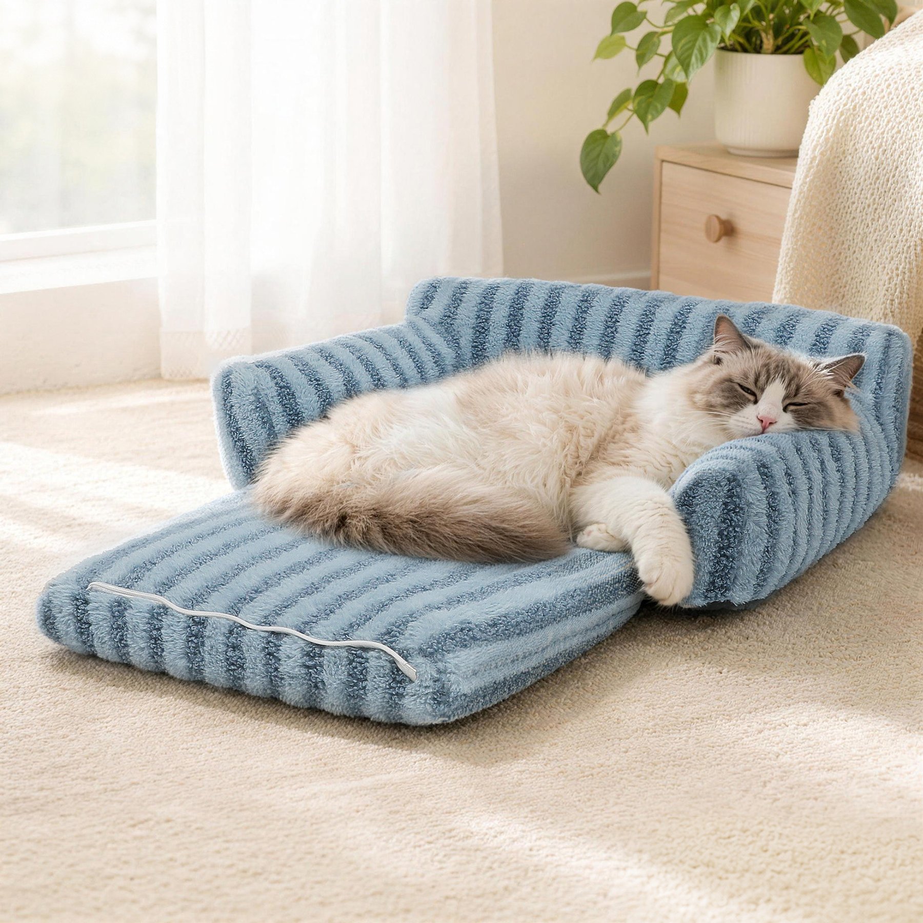 LFC PETS Foldable Soft Plush Sofa Bolster Dog & Cat Bed with Removable Washable Cover, Blue, Medium
