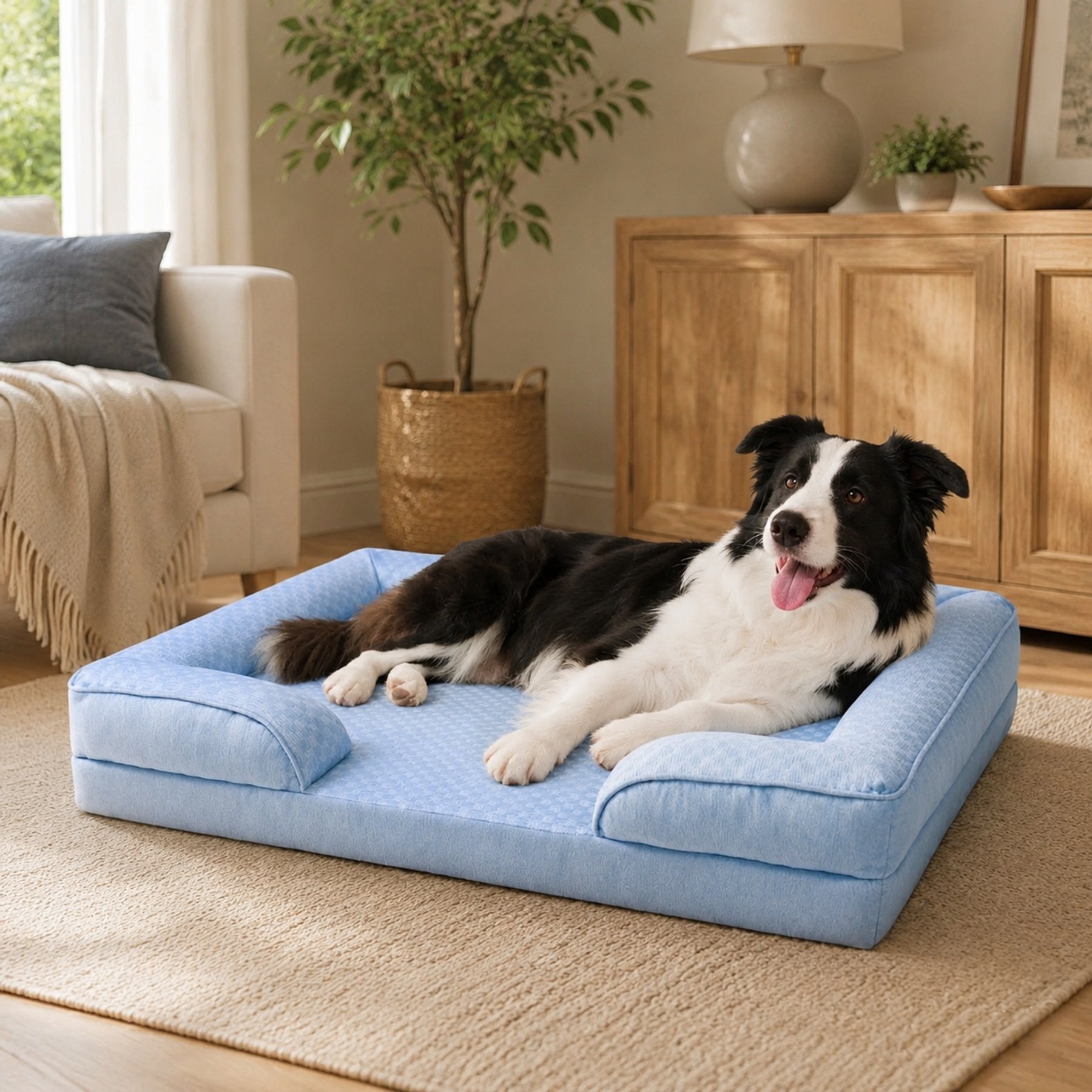 LFC PETS Summer Cooling Orthopedic Bolster Dog Sofa Bed with Removable Cover, Blue, Large