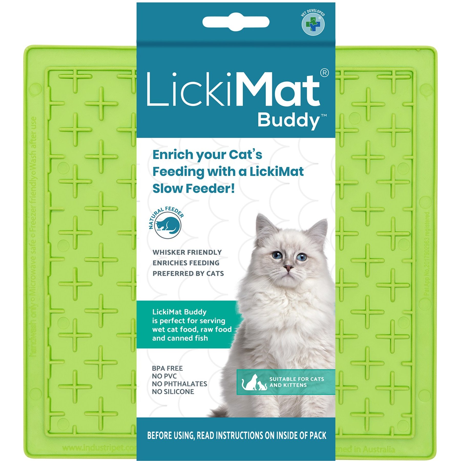 LickiMat Classic Buddy Non-Skid Thermoplastic Rubber Cat Bowl, Green, Standard