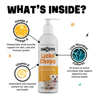 Show full view: Dinovite Lickochops Fatty Acid Liquid Supplement for Dogs & Cats, 8-oz bottle, 2 count slide 4 of 8