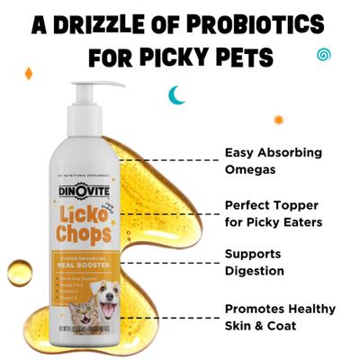 Show full view: Dinovite Lickochops Fatty Acid Liquid Supplement for Dogs & Cats, 8-oz bottle, 2 count slide 6 of 8