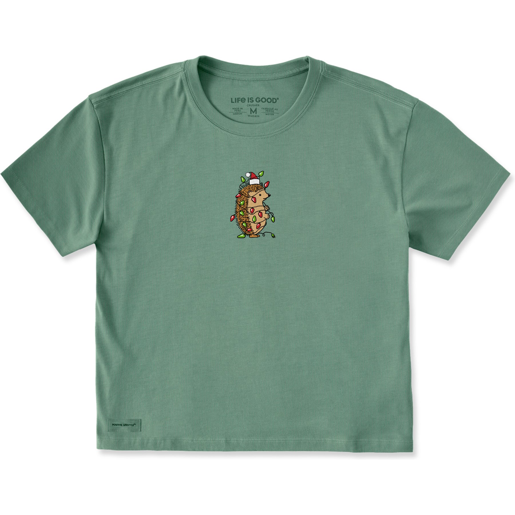LIFE IS GOOD Women's Christmas Hedgehog Short Sleeve Boxy Crusher Shirt, Granite Green, X-Small
