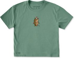 LIFE IS GOOD Women's Christmas Hedgehog Short Sleeve Boxy Crusher Shirt, Granite Green, XX-Large