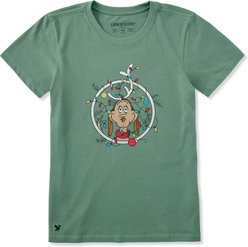 LIFE IS GOOD Women's Christmas Max Short Sleeve Crusher Shirt, Granite Green, Large