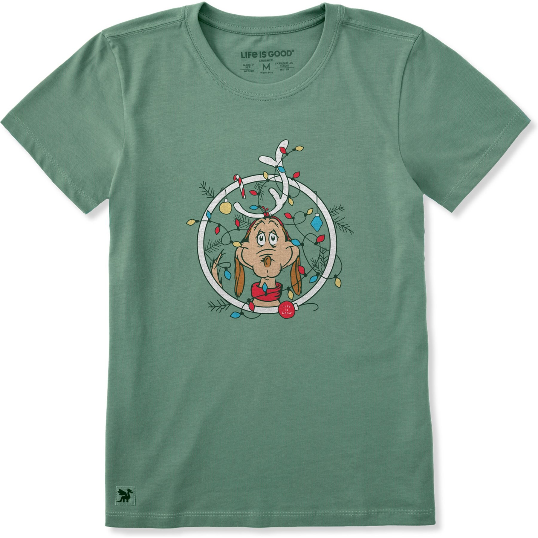 LIFE IS GOOD Women's Christmas Max Short Sleeve Crusher Shirt, Granite Green, X-Large