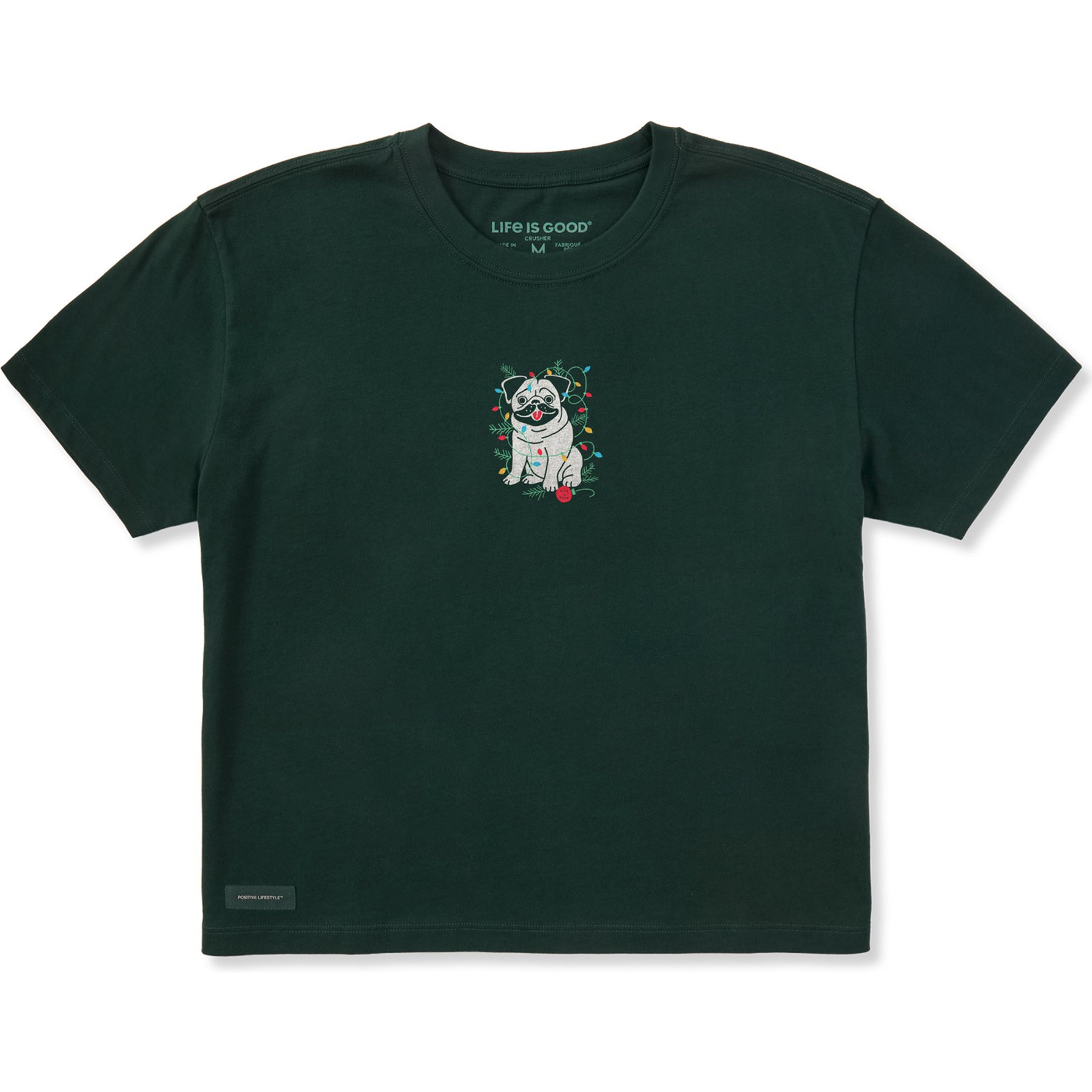 LIFE IS GOOD Women's Christmas Pug Short Sleeve Boxy Crusher Shirt, Treeline Green, Large