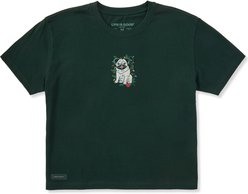 LIFE IS GOOD Women's Christmas Pug Short Sleeve Boxy Crusher Shirt, Treeline Green, XX-Large
