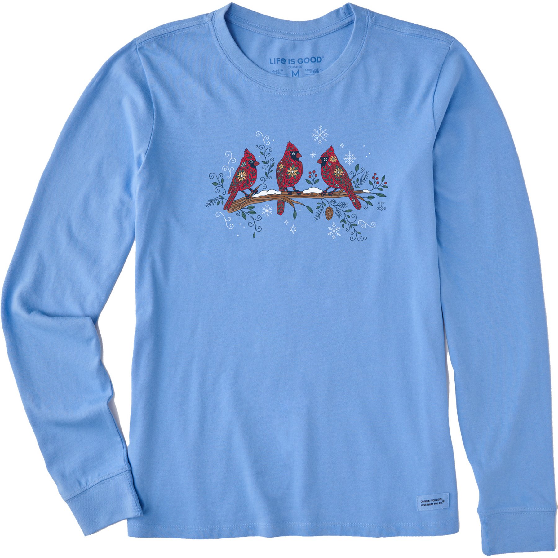 LIFE IS GOOD Women's Three Doodle Cardinals Long Sleeve Crusher Shirt, Cornflower Blue, Large