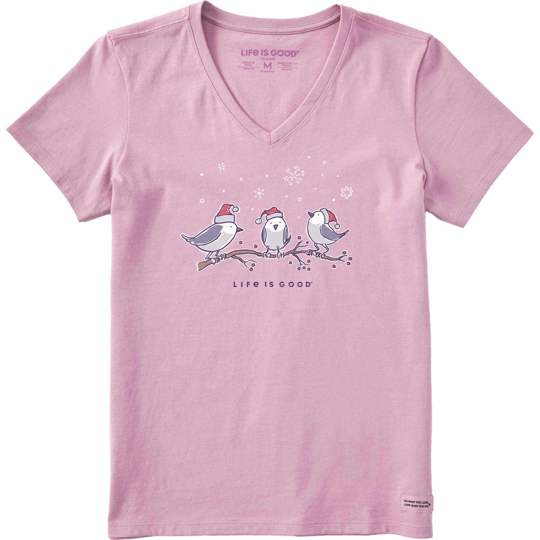 LIFE IS GOOD Women's Three Little Holiday Birds Short Sleeve Crusher Vee Shirt, Violet Purple, Large