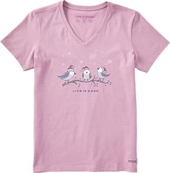 LIFE IS GOOD Women's Three Little Holiday Birds Short Sleeve Crusher Vee Shirt, Violet Purple, XXX-Large