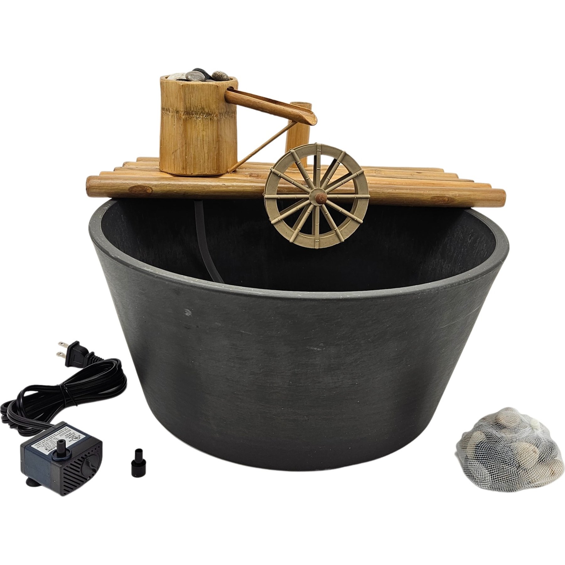 Lifegard Quiet One 100 Pump Bamboo Fountain with Plant Holder Rock Stream, Charcoal Grey Pot, 18-in base