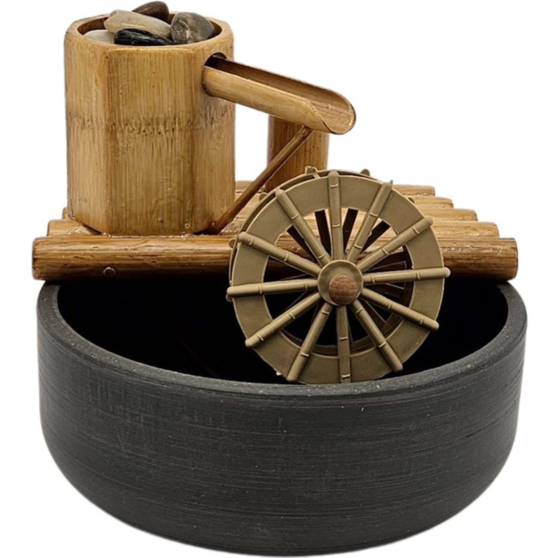 Lifegard Quiet One 100 Pump Bamboo Fountain with Plant Holder Rock Stream, Charcoal Grey Pot, 8-in base