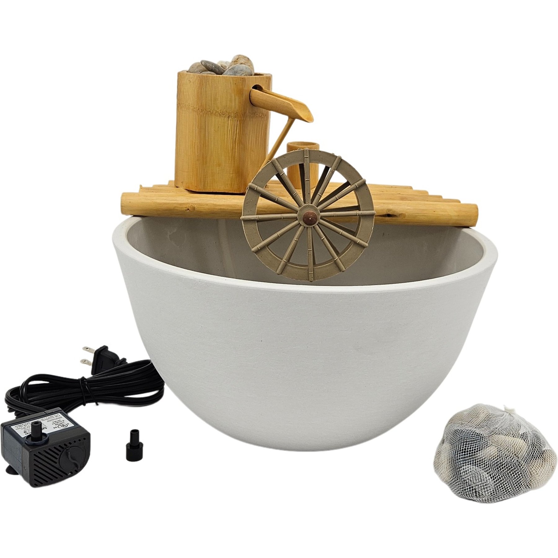 Lifegard Quiet One 100 Pump Bamboo Fountain with Plant Holder Rock Stream, Stone White Pot, 12-in base