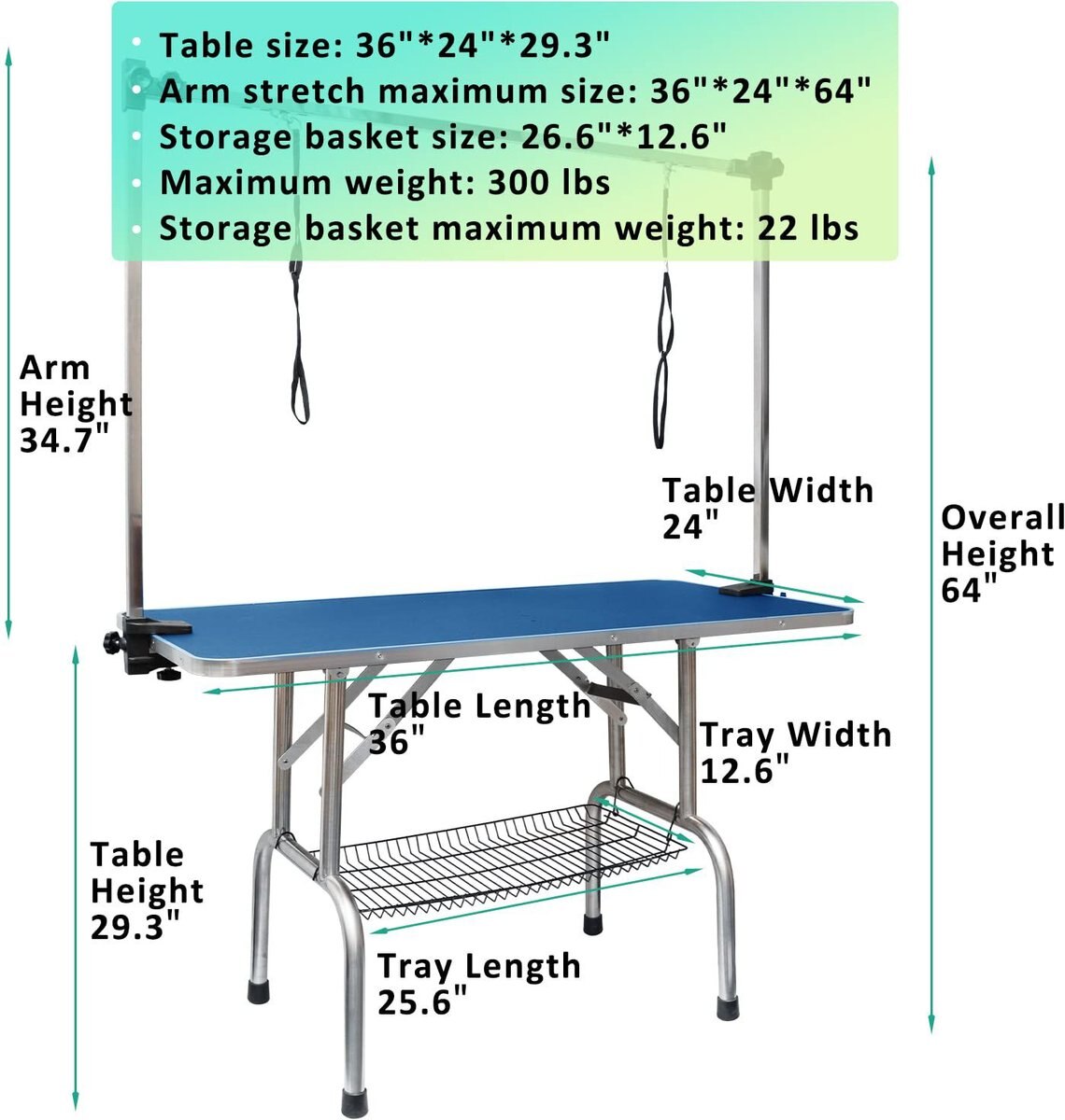 Lil' Paw Stainless Steel Dog Grooming Table with Adjustable Arm & Clamp