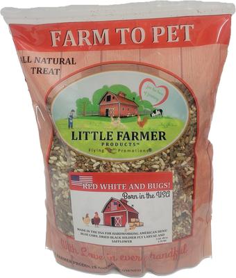 Show full view: Little Farmer Products Red White & BUGS! Black Soldier Fly Grubs, Blue Corn, Safflower Mix Chicken Treats, 3-lb bag slide 1 of 6