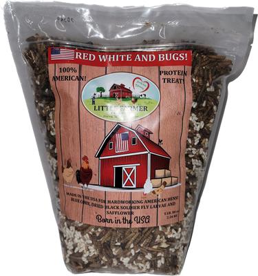 Show full view: Little Farmer Products Red White & BUGS! Black Soldier Fly Grubs, Blue Corn, Safflower Mix Chicken Treats, 5-lb bag slide 1 of 6