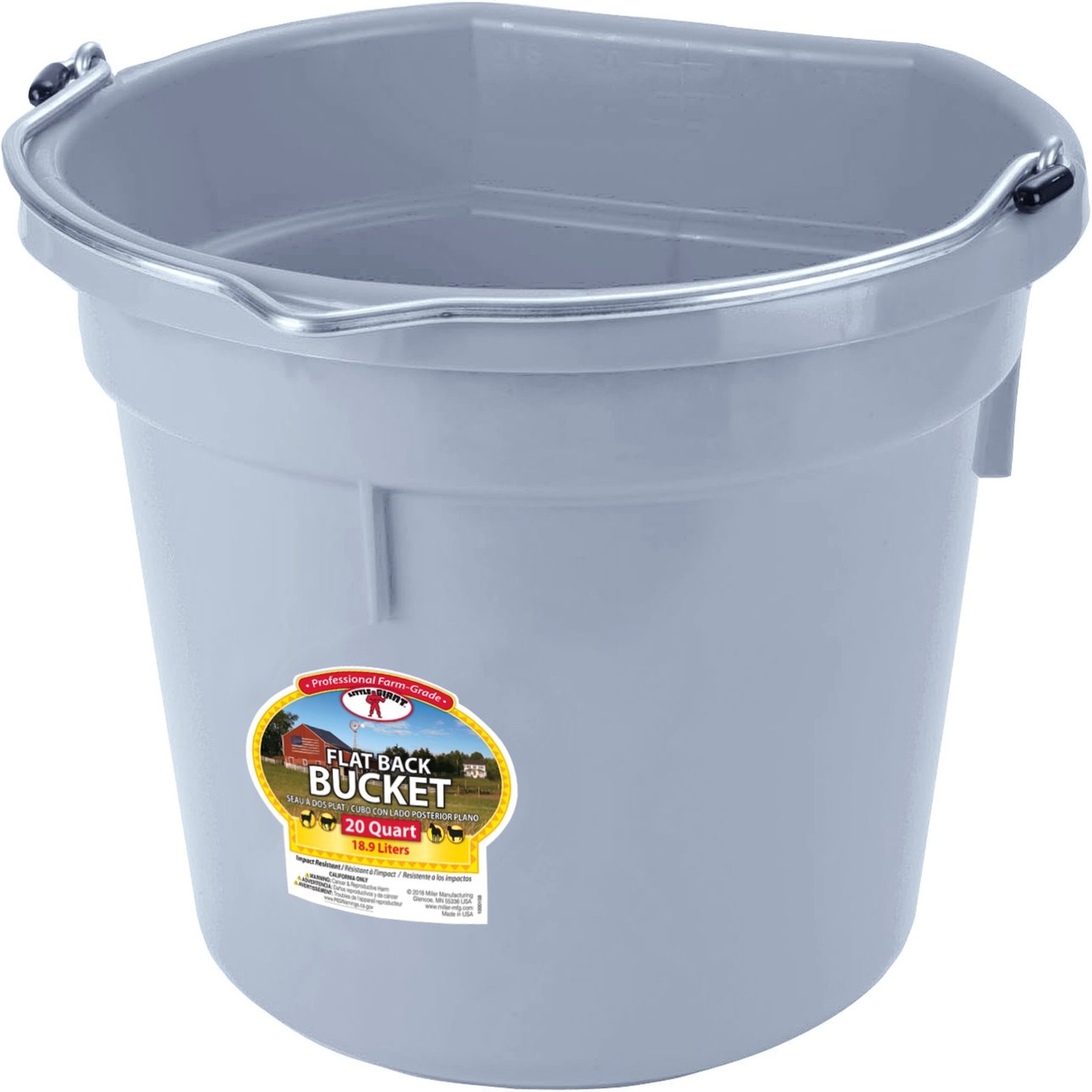 Little Giant Flat Back Plastic Bucket, Cool Gray, 20-qt