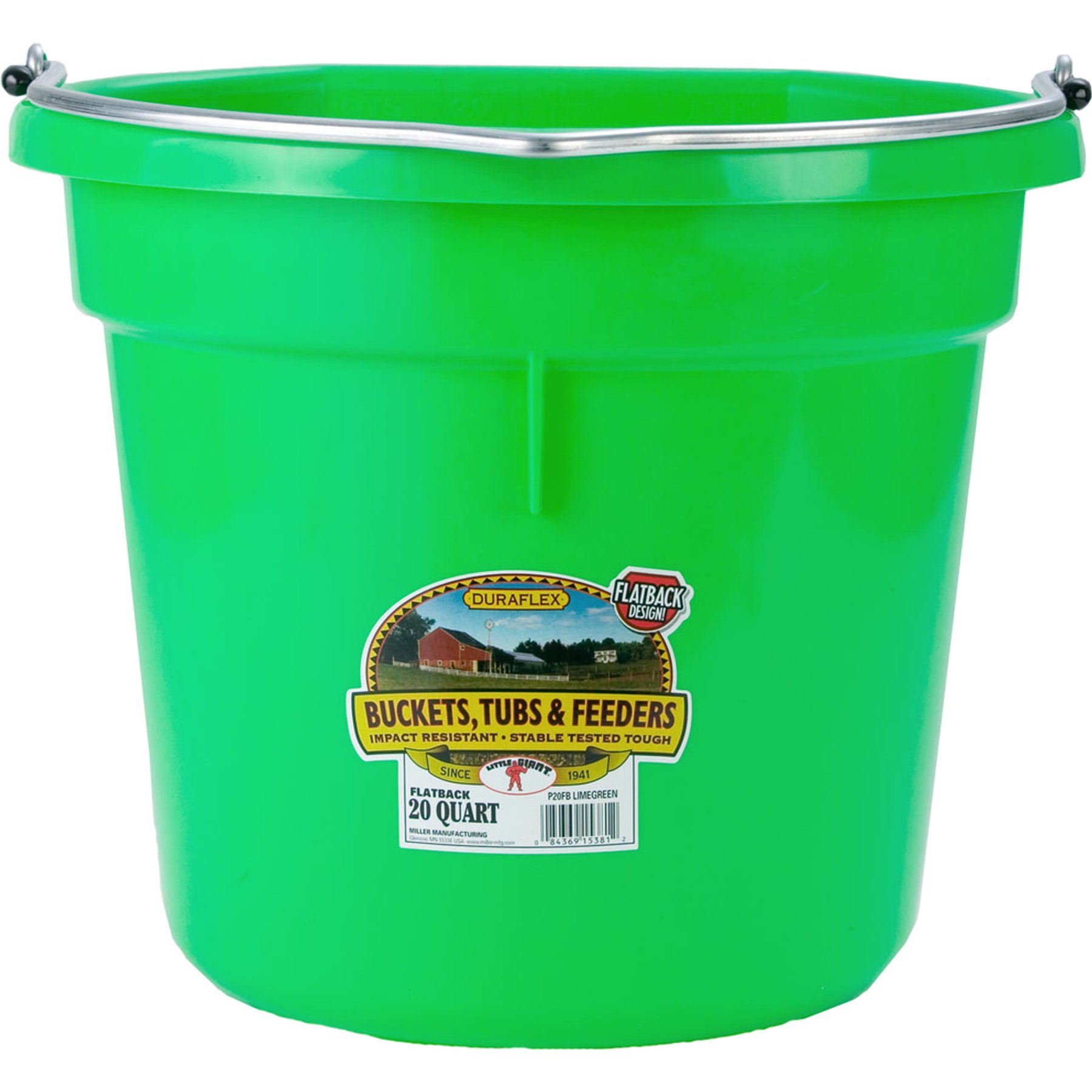 Little Giant Flat Back Plastic Bucket, Lime Green, 20-qt