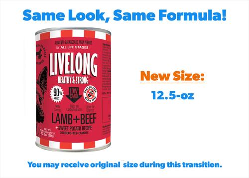 Show full view: Livelong Healthy & Strong Lamb, Beef & Sweet Potato Recipe Wet Dog Food, 12.5-oz can, case of 12 slide 3 of 8