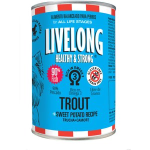 Livelong Healthy & Strong Trout & Sweet Potato Recipe Wet Dog Food, 12.5-oz can, case of 12