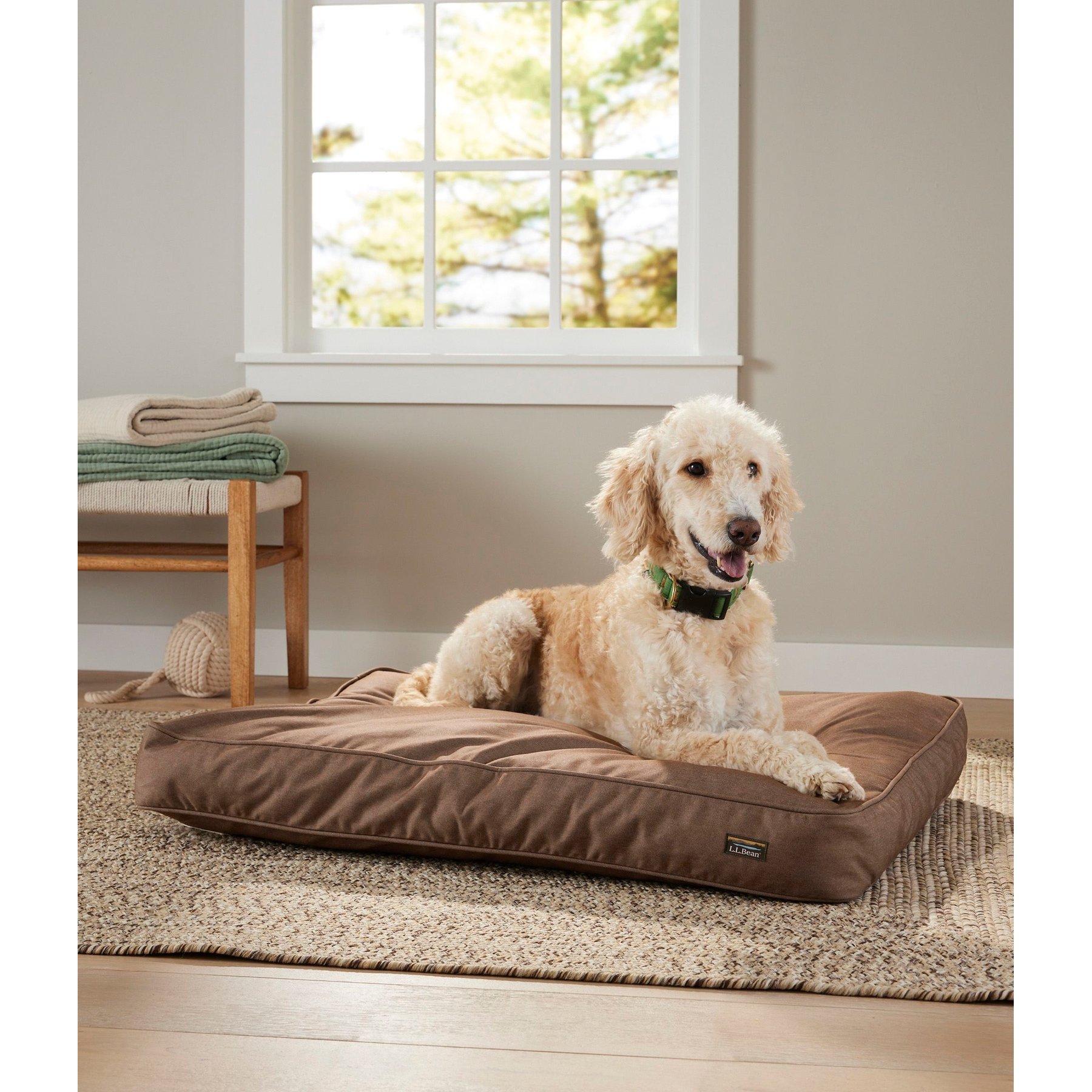 L.L.Bean Premium Denim Rectangular Dog & Cat Bed, Burlap, Medium