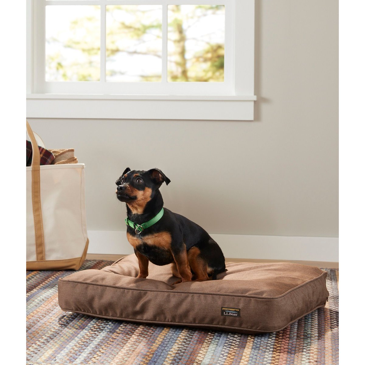 L.L.Bean Premium Denim Rectangular Dog & Cat Bed, Burlap, Small