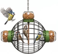 LONA Love Nature Finch Wild Bird Mesh Cage Feeder with 3 Empty Jars & Trapeze Stick, Green