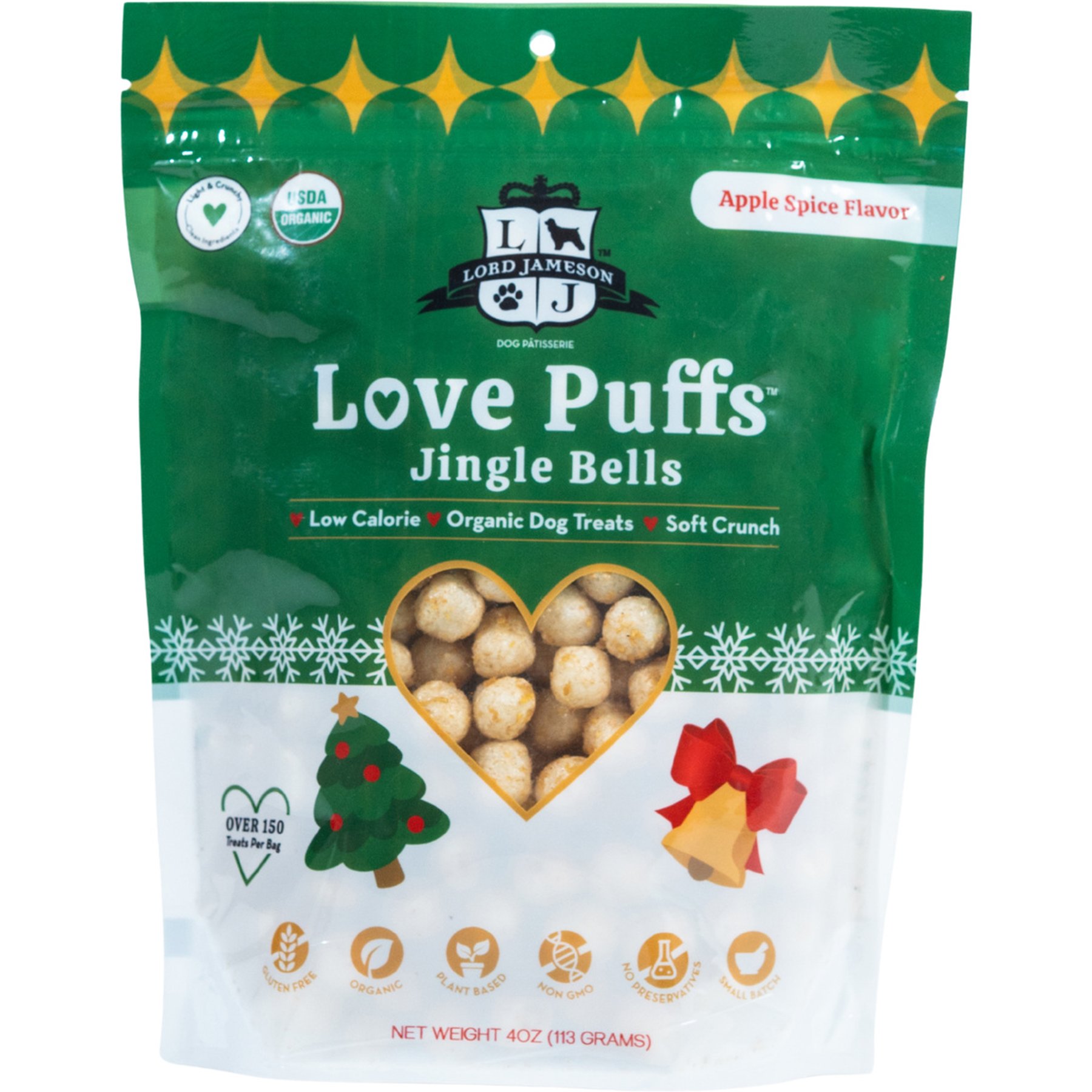 Lord Jameson Love Puffs Jingle Bells Holiday Crunchy Dog Treats, 4-oz bag
