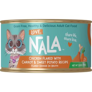 Love, Nala Chicken Flaked with Sweet Potato & Carrot Recipe in Broth Adult Grain-Free Wet Cat Food, 2.8-oz can, case of 12