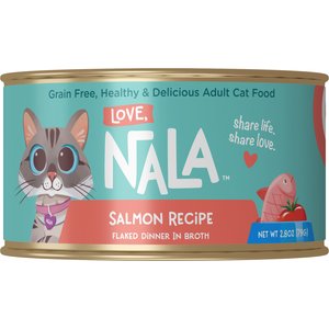 Love, Nala Flaked Salmon Recipe in Broth Adult Grain-Free Wet Cat Food, 2.8-oz can, case of 12