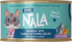 Love, Nala Mackerel Pate with Carrot & Pumpkin Recipe in Broth Adult Grain-Free Wet Cat Food, 2.8-oz can, case of 12