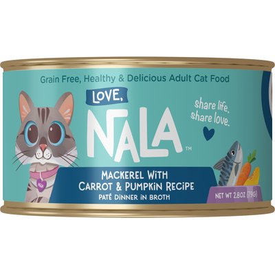 Love, Nala Love, Nala Mackerel Pate with Carrot & Pumpkin Recipe in Broth Adult Grain-Free Wet Cat Food, 2.8-oz can, case of 12