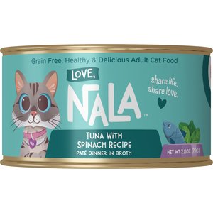 Love, Nala Tuna Pate with Spinach Recipe in Broth Adult Grain-Free Wet Cat Food, 2.8-oz can, case of 12
