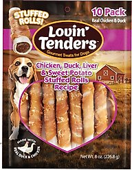 Lovin'Tenders Chicken, Duck, Liver & Sweet Potato Stuffed Rolls Recipe Dog Jerky Treat, 8-oz bag