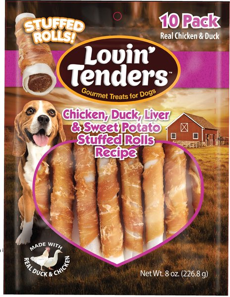 Lovin'Tenders Chicken, Duck, Liver & Sweet Potato Stuffed Rolls Recipe Dog Jerky Treat