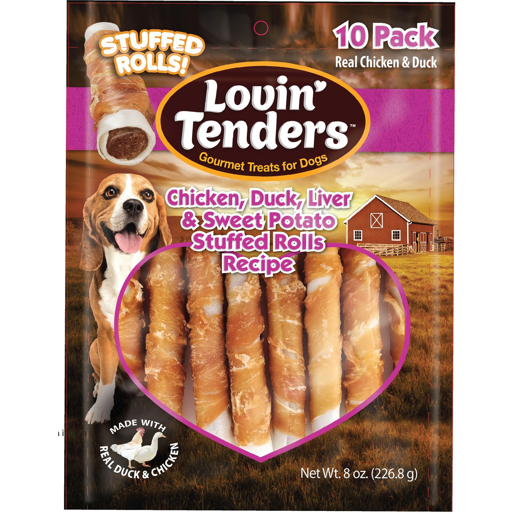 Lovin'Tenders Chicken, Duck, Liver & Sweet Potato Stuffed Rolls Recipe Dog Jerky Treat, 8-oz bag
