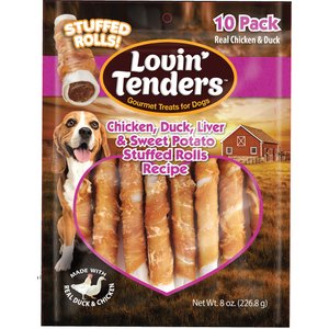 Lovin'Tenders Chicken, Duck, Liver & Sweet Potato Stuffed Rolls Recipe Dog Jerky Treat, 8-oz bag