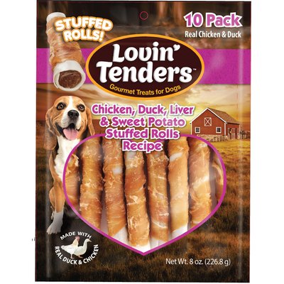 Lovin'Tenders Lovin'Tenders Chicken, Duck, Liver & Sweet Potato Stuffed Rolls Recipe Dog Jerky Treat, 8-oz bag